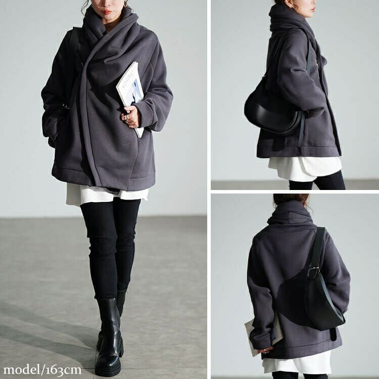 大きいサイズ レディース ビッグフードアシメZIPコート　sw-0818