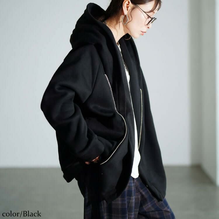 大きいサイズ レディース ビッグフードアシメZIPコート　sw-0818 ブラック