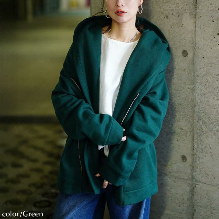 大きいサイズ レディース ビッグフードアシメZIPコート　sw-0818 グリーン