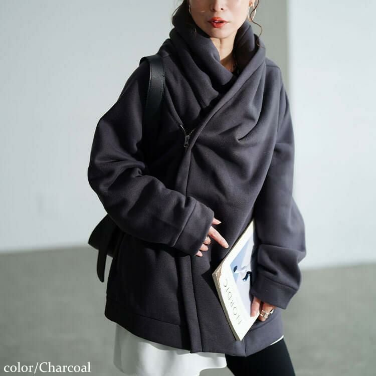 大きいサイズ レディース ビッグフードアシメZIPコート　sw-0818 チャコール