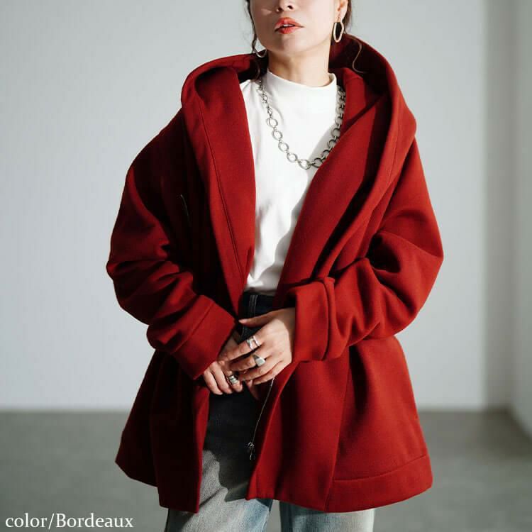 大きいサイズ レディース ビッグフードアシメZIPコート　sw-0818 ボルドー