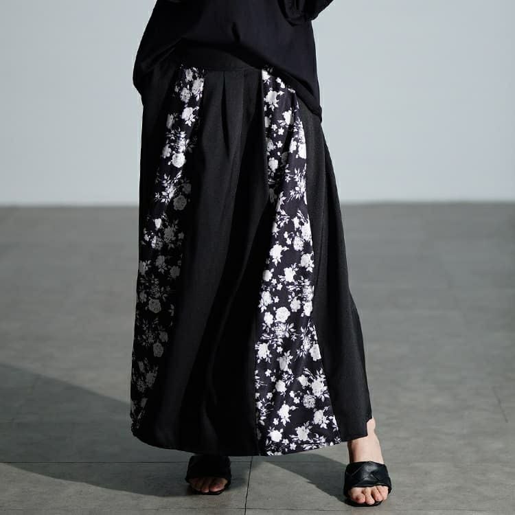 大きいサイズ レディース 花柄切り替えタックフレアスカート　nw-25054 【メール便可】