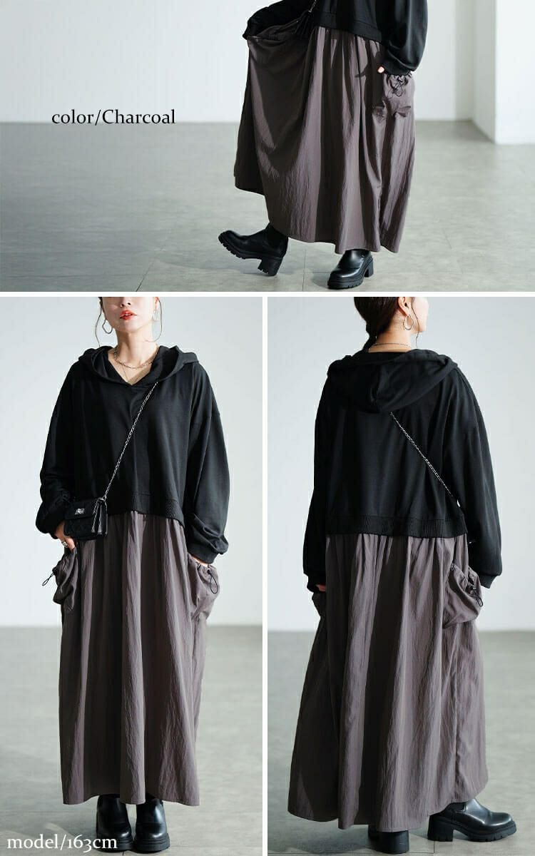 大きいサイズ レディース ドロストポケットパーカードッキングワンピース　nw-25046