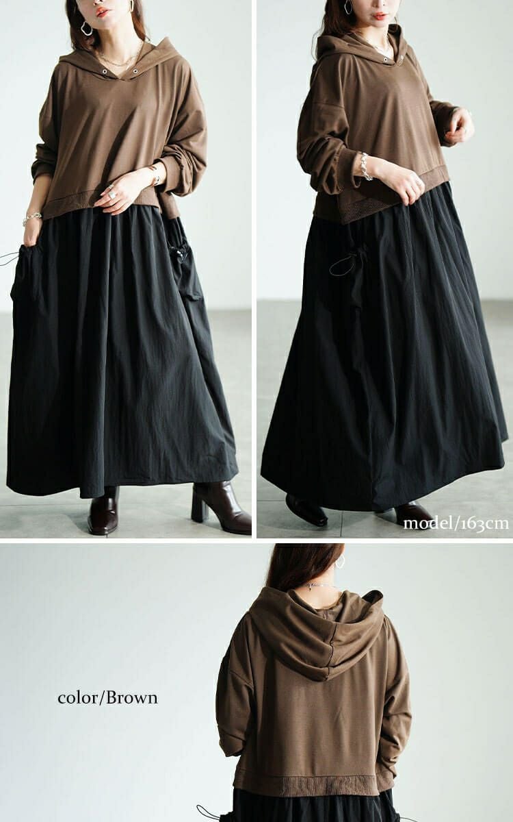 大きいサイズ レディース ドロストポケットパーカードッキングワンピース　nw-25046