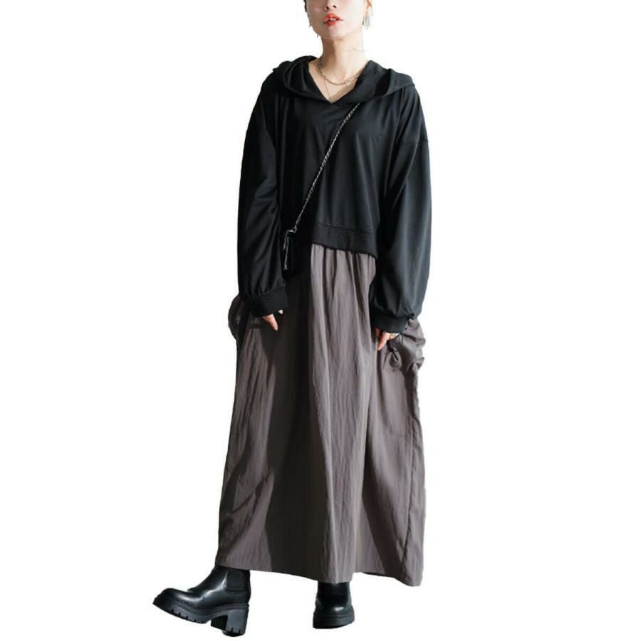 大きいサイズ レディース ドロストポケットパーカードッキングワンピース　nw-25046 チャコール