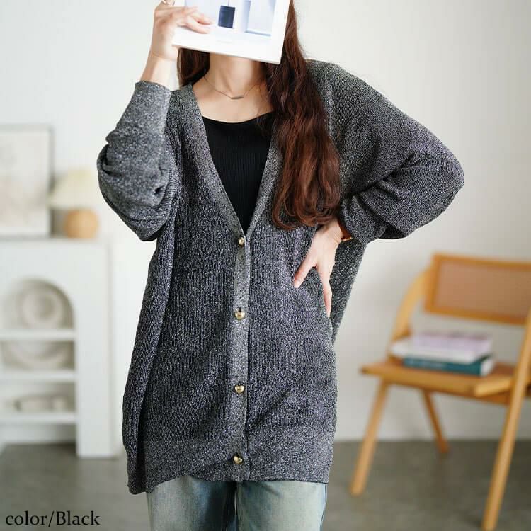 大きいサイズ レディース ハートボタンラメニットカーディガン　sum-0022 ブラック