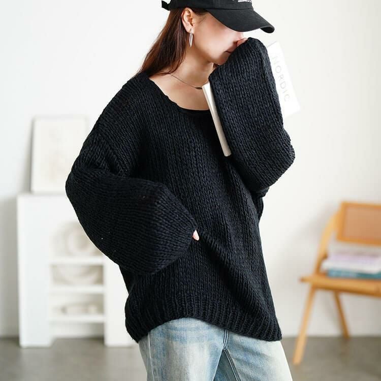 大きいサイズ レディース ラウンドネックローゲージニット　sum-0019 ブラック