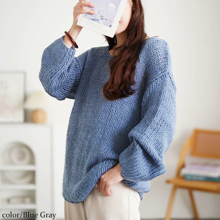 大きいサイズ レディース ラウンドネックローゲージニット　sum-0019 ブルーグレー