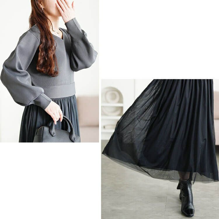 大きいサイズ レディース リブニットドッキングチュールワンピース　sum-0017