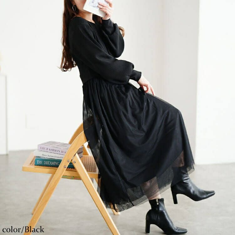 大きいサイズ レディース リブニットドッキングチュールワンピース　sum-0017