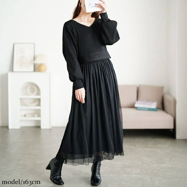 大きいサイズ レディース リブニットドッキングチュールワンピース　sum-0017