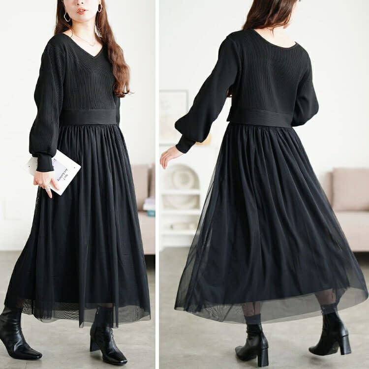 大きいサイズ レディース リブニットドッキングチュールワンピース　sum-0017