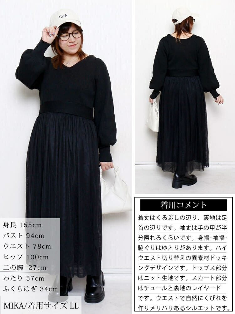 大きいサイズ レディース リブニットドッキングチュールワンピース　sum-0017