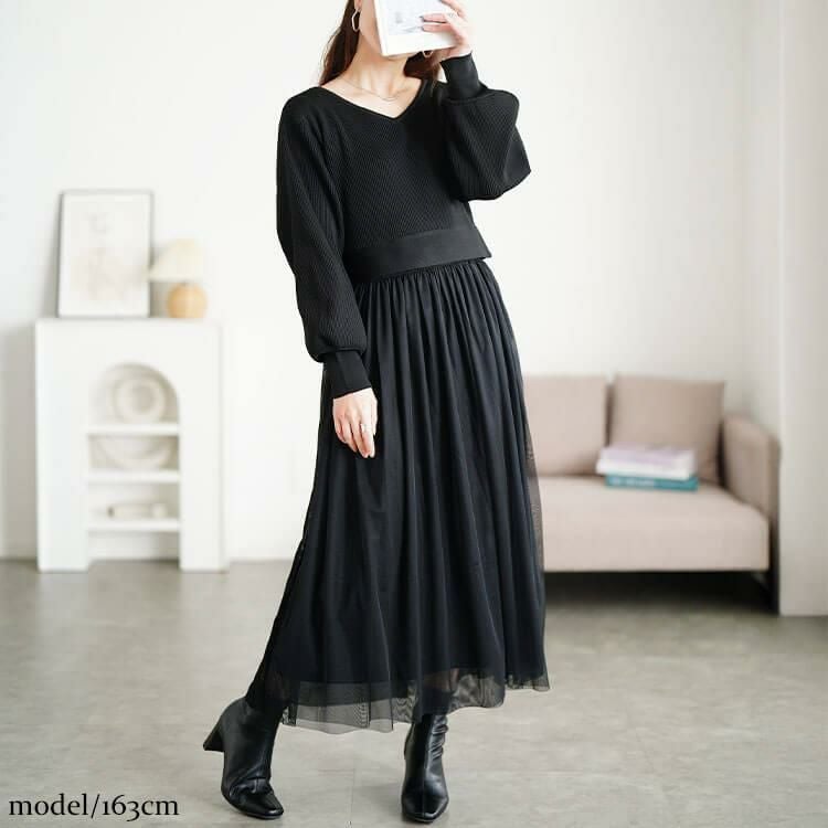 大きいサイズ レディース リブニットドッキングチュールワンピース sum