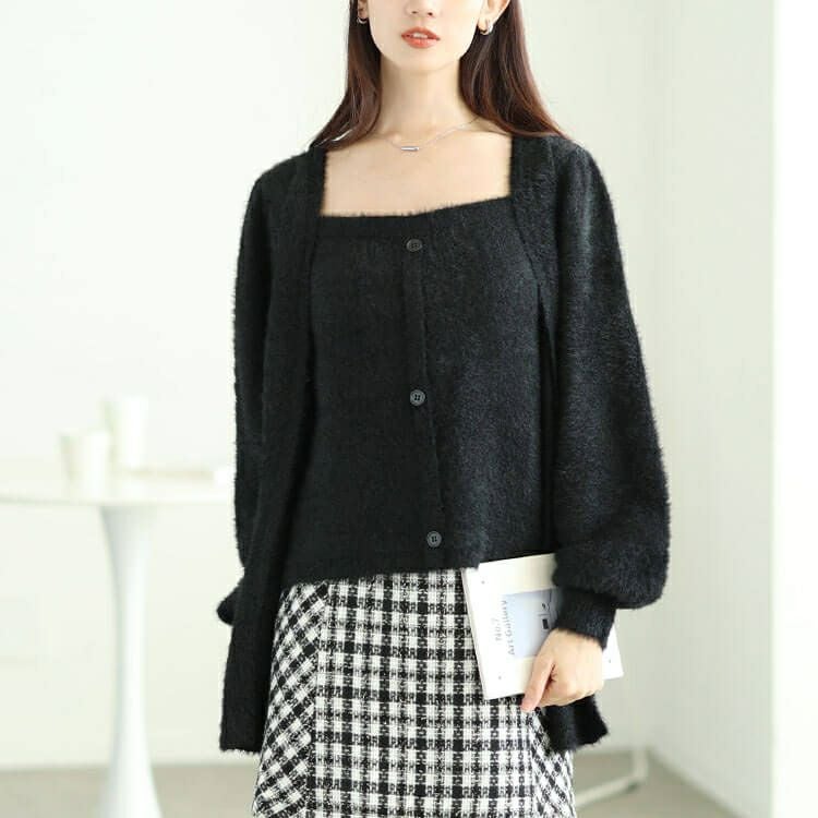 大きいサイズ レディース カーディガン重ね着風シャギーニット　sum-0016