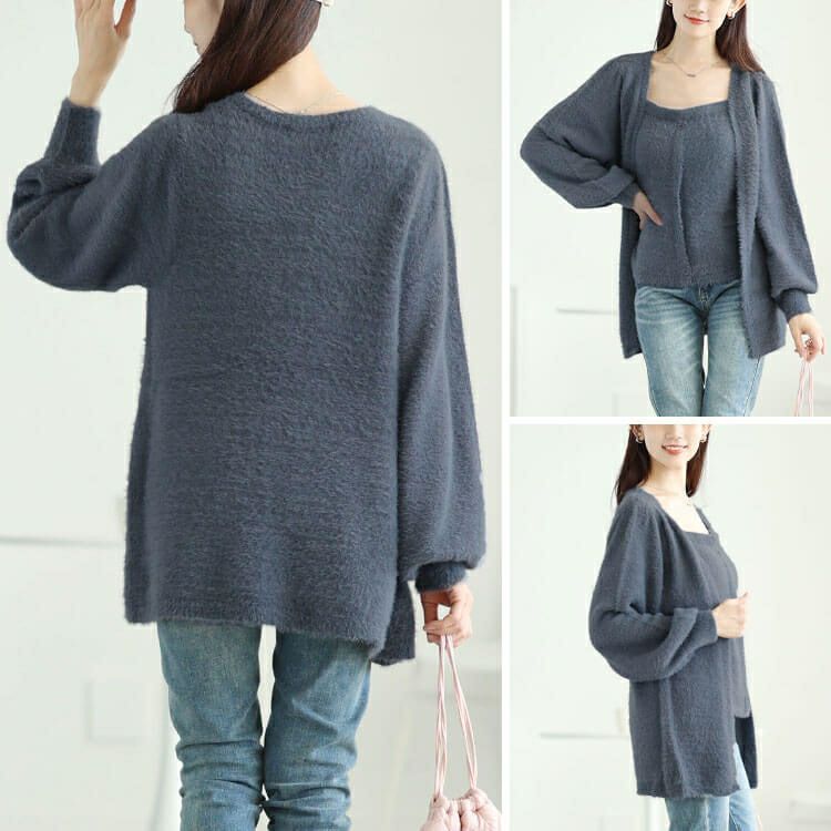 大きいサイズ レディース カーディガン重ね着風シャギーニット　sum-0016