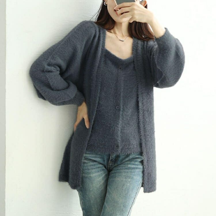 大きいサイズ レディース カーディガン重ね着風シャギーニット　sum-0016