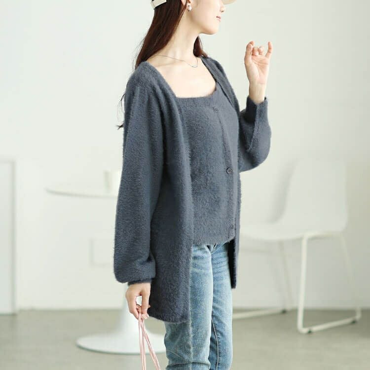 大きいサイズ レディース カーディガン重ね着風シャギーニット　sum-0016