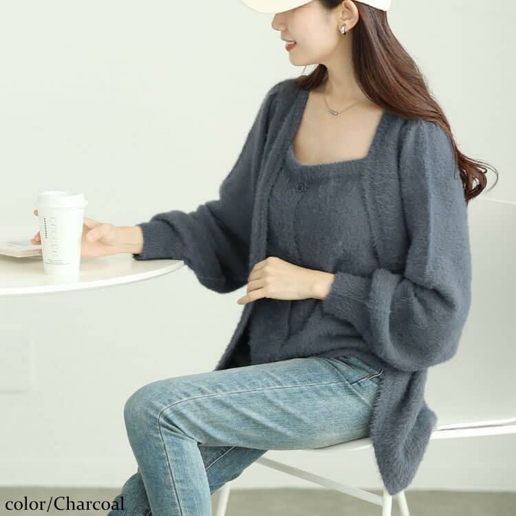 大きいサイズ レディース カーディガン重ね着風シャギーニット　sum-0016 チャコール