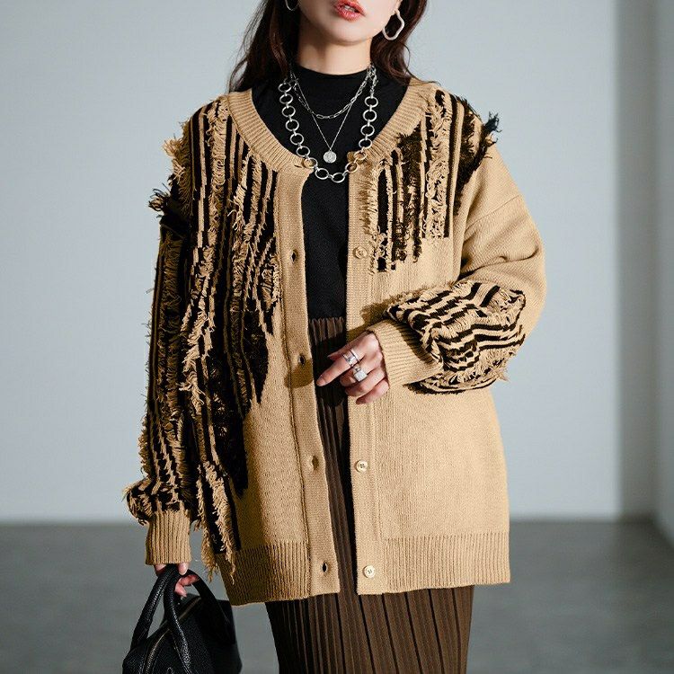 大きいサイズ レディース フリンジ切り替えニットカーディガン　sum-0015