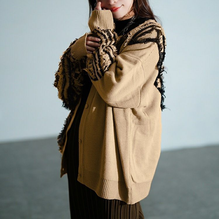 大きいサイズ レディース フリンジ切り替えニットカーディガン　sum-0015