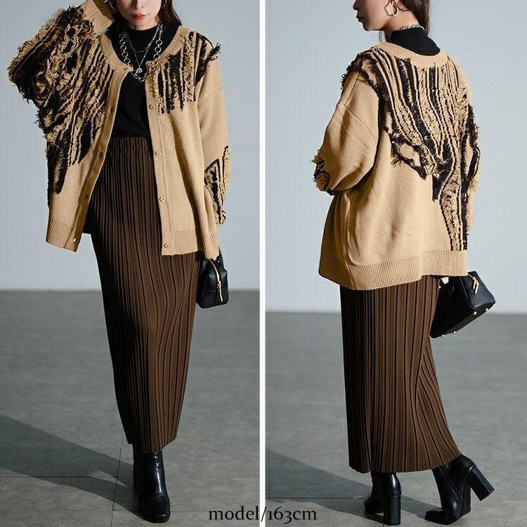 大きいサイズ レディース フリンジ切り替えニットカーディガン　sum-0015