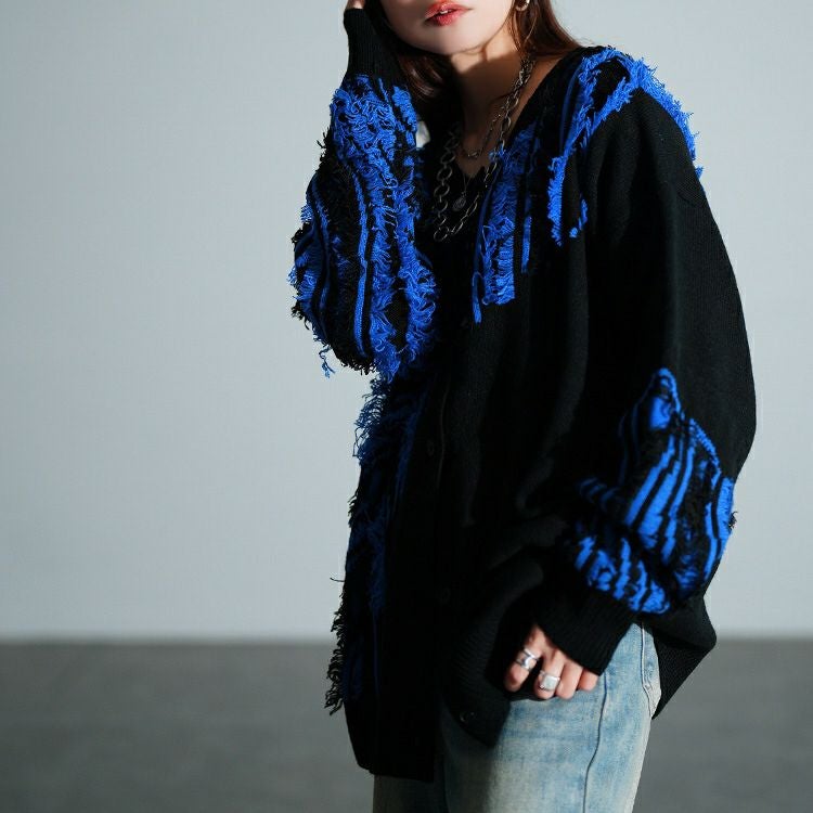 大きいサイズ レディース フリンジ切り替えニットカーディガン　sum-0015