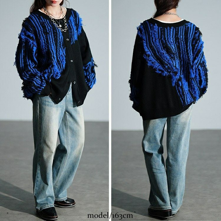 大きいサイズ レディース フリンジ切り替えニットカーディガン　sum-0015