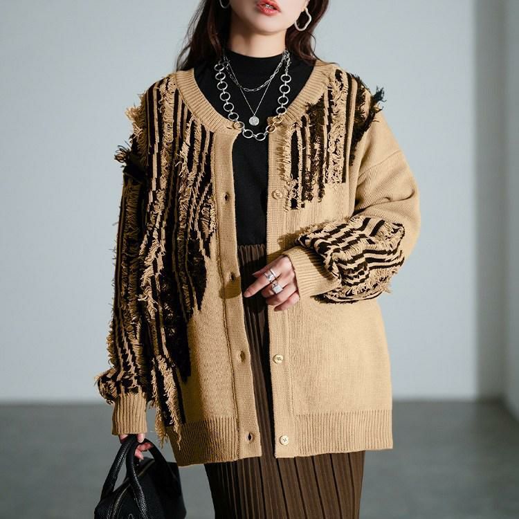 大きいサイズ レディース フリンジ切り替えニットカーディガン　sum-0015 ベージュ×ブラック