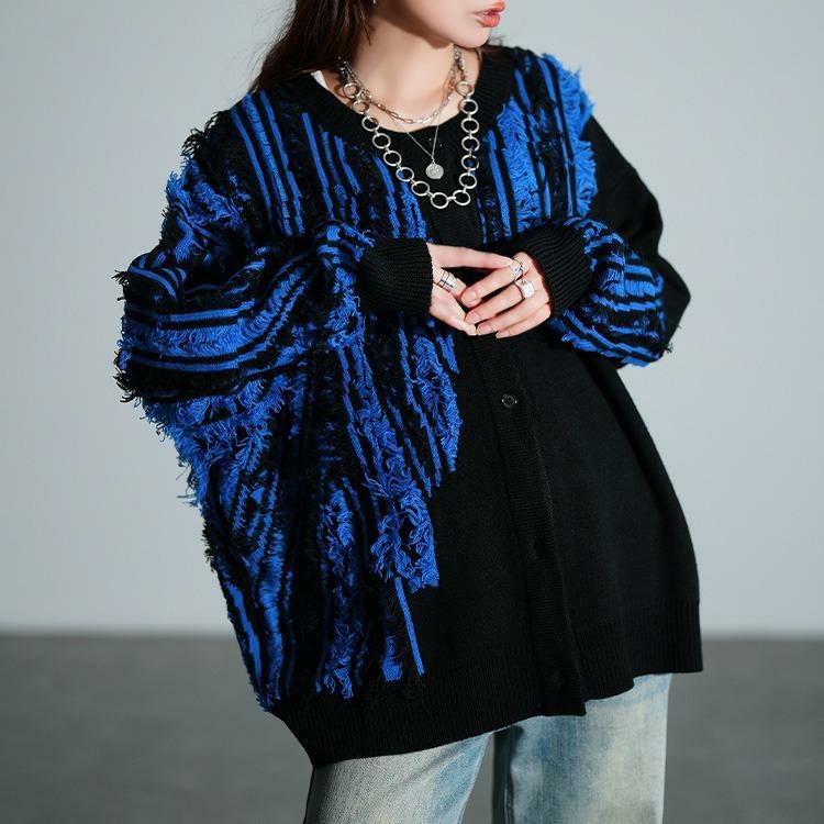 大きいサイズ レディース フリンジ切り替えニットカーディガン　sum-0015 ブラック×ブルー