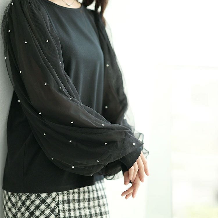 大きいサイズ レディース パール付きチュールボリューム袖プルオーバー　tana-115kj478 【メール便可】