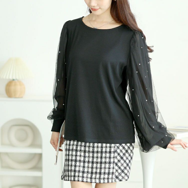 大きいサイズ レディース パール付きチュールボリューム袖プルオーバー　tana-115kj478 【メール便可】