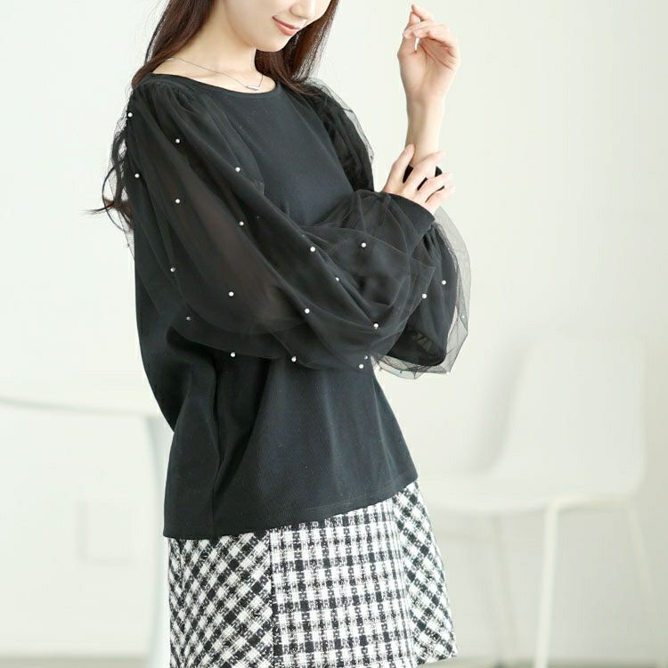 大きいサイズ レディース パール付きチュールボリューム袖プルオーバー　tana-115kj478 【メール便可】