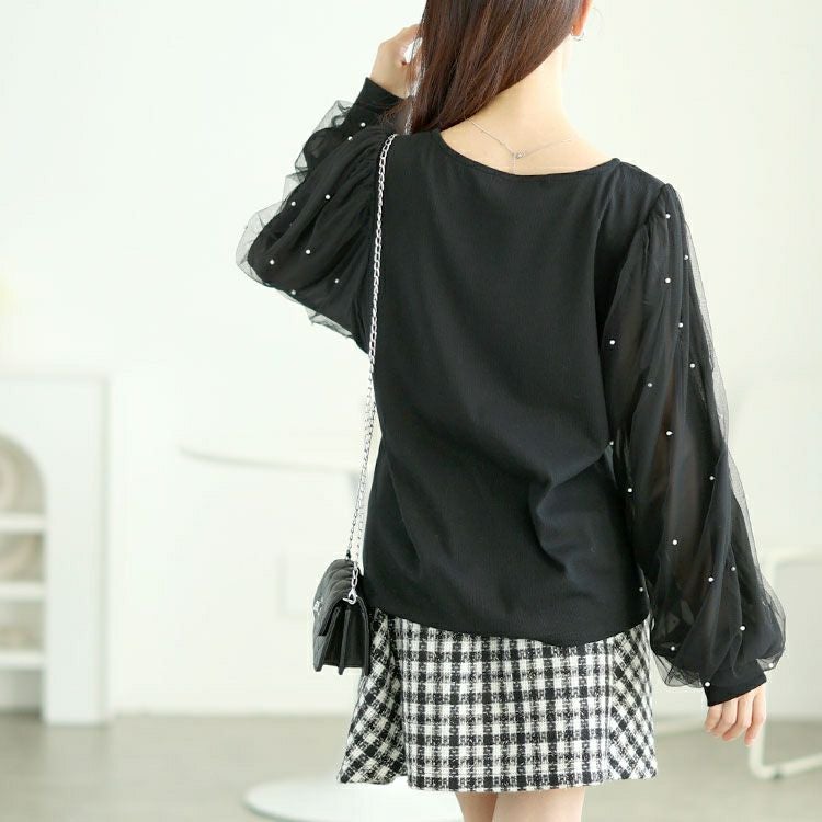 大きいサイズ レディース パール付きチュールボリューム袖プルオーバー　tana-115kj478 【メール便可】
