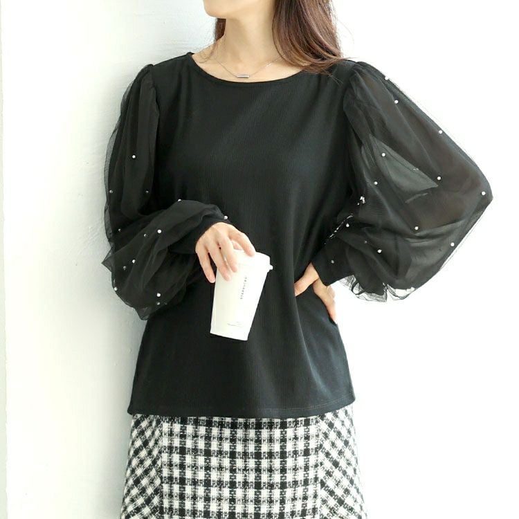 大きいサイズ レディース パール付きチュールボリューム袖プルオーバー　tana-115kj478 【メール便可】