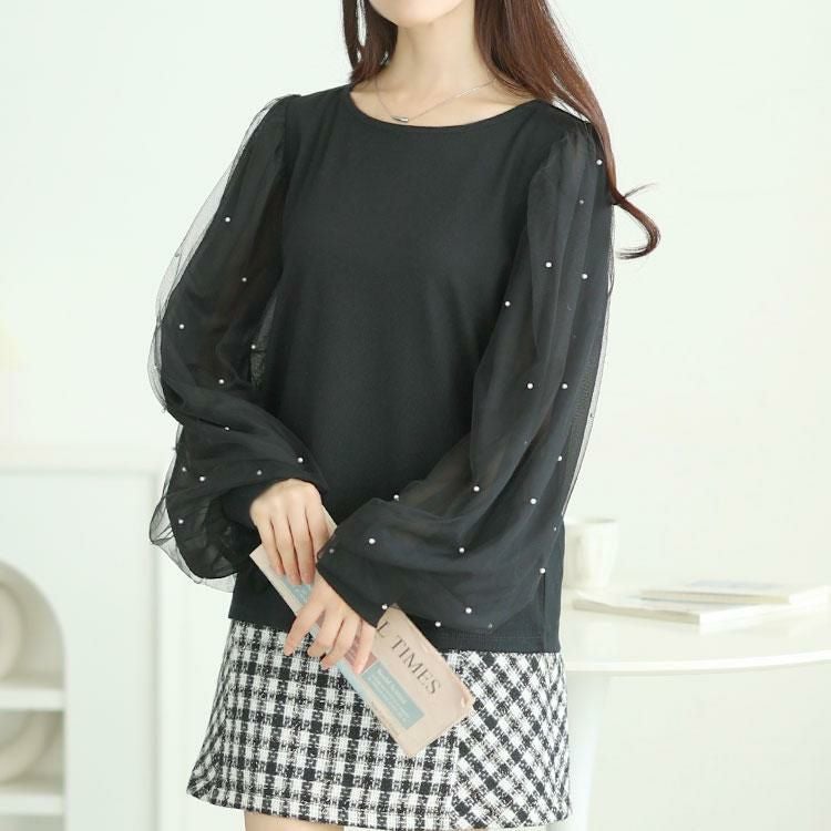 大きいサイズ レディース パール付きチュールボリューム袖プルオーバー　tana-115kj478 【メール便可】 ブラック