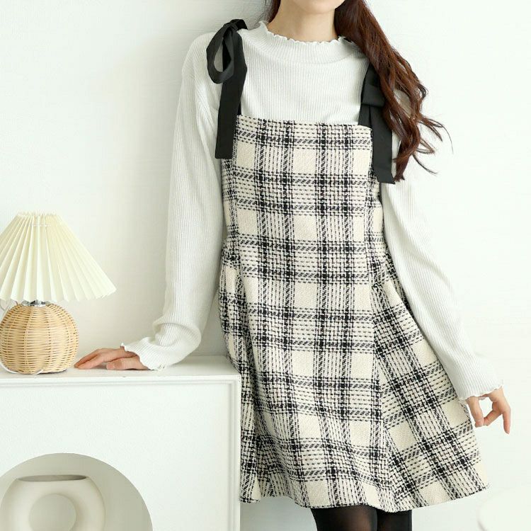 大きいサイズ レディース 肩リボンツイードミニフレアワンピース　tana-ww650051