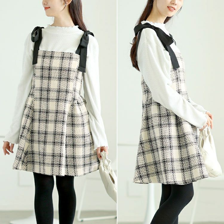 大きいサイズ レディース 肩リボンツイードミニフレアワンピース　tana-ww650051