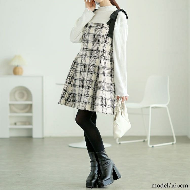 大きいサイズ レディース 肩リボンツイードミニフレアワンピース　tana-ww650051