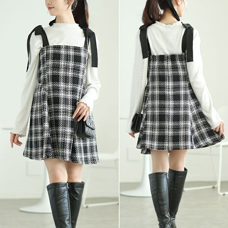 大きいサイズ レディース 肩リボンツイードミニフレアワンピース　tana-ww650051