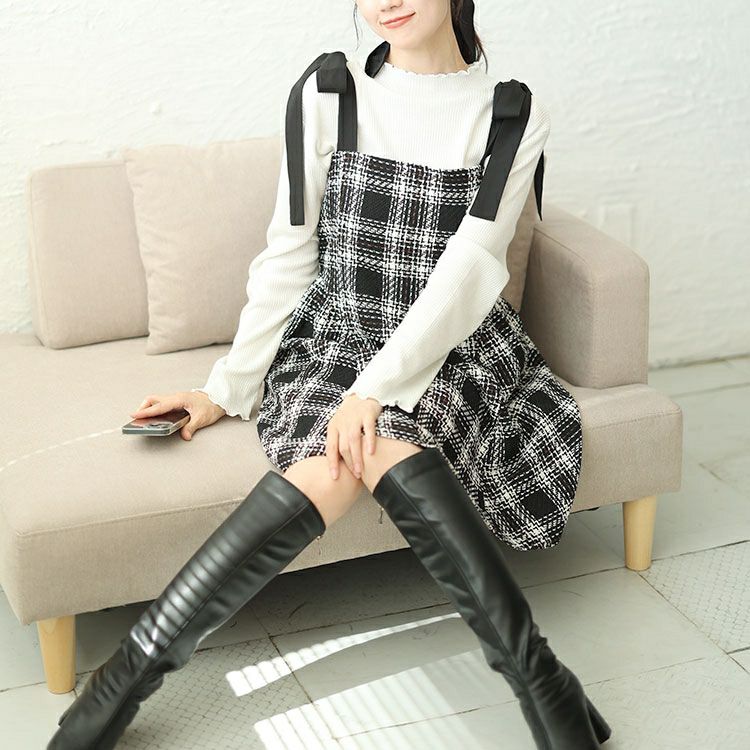 大きいサイズ レディース 肩リボンツイードミニフレアワンピース　tana-ww650051