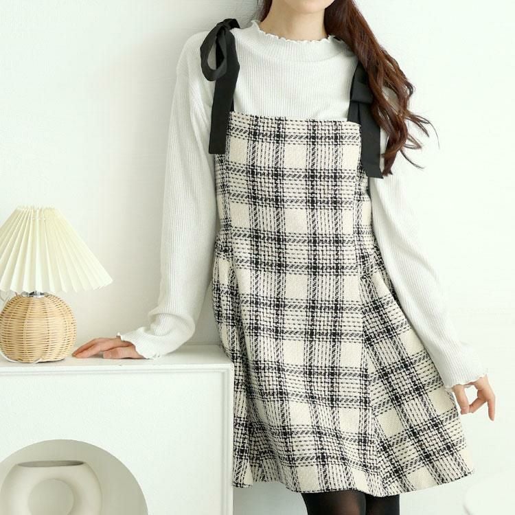 大きいサイズ レディース 肩リボンツイードミニフレアワンピース　tana-ww650051 アイボリー