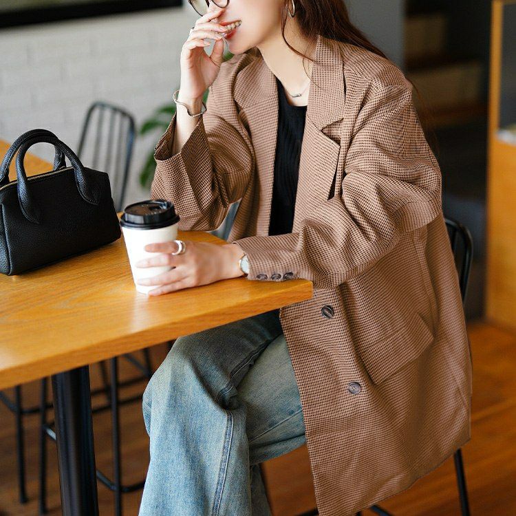 大きいサイズ レディース 千鳥格子柄ダブルジャケット　tana-ww650049