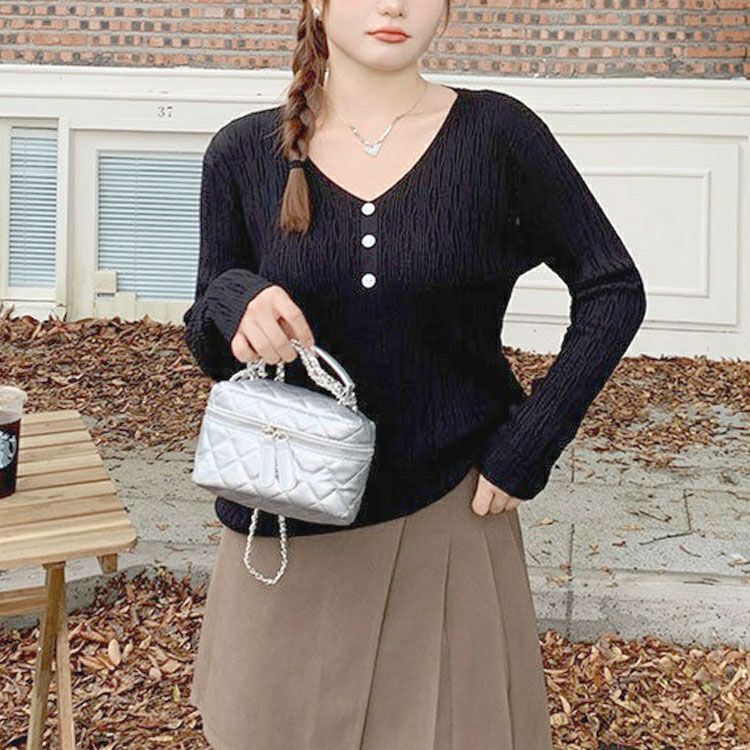 大きいサイズ レディース Vネック模様編みニットプルオーバー　goldy-1755