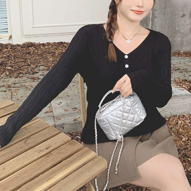 大きいサイズ レディース Vネック模様編みニットプルオーバー　goldy-1755