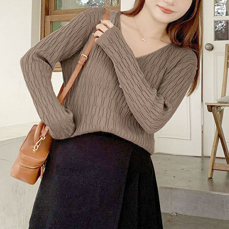 大きいサイズ レディース Vネック模様編みニットプルオーバー　goldy-1755