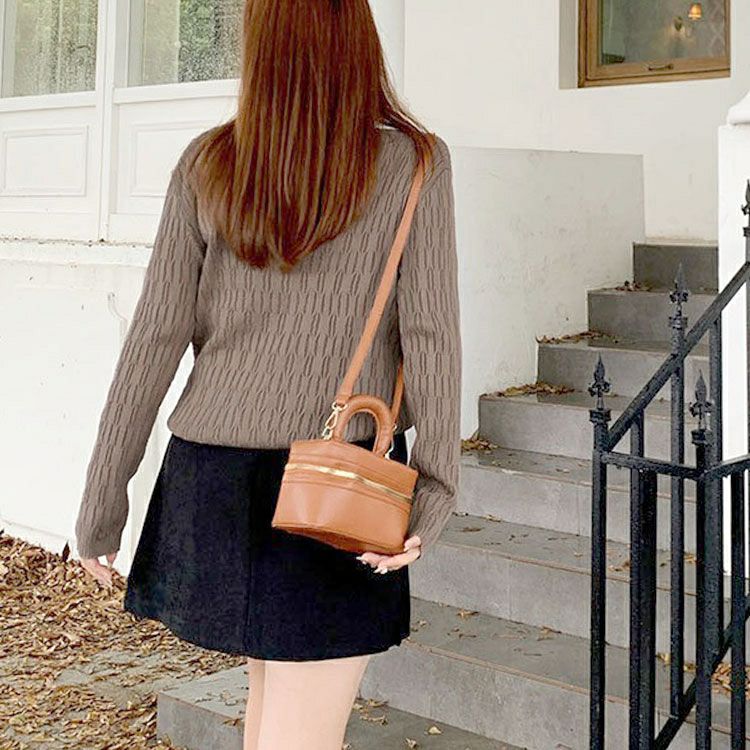 大きいサイズ レディース Vネック模様編みニットプルオーバー　goldy-1755