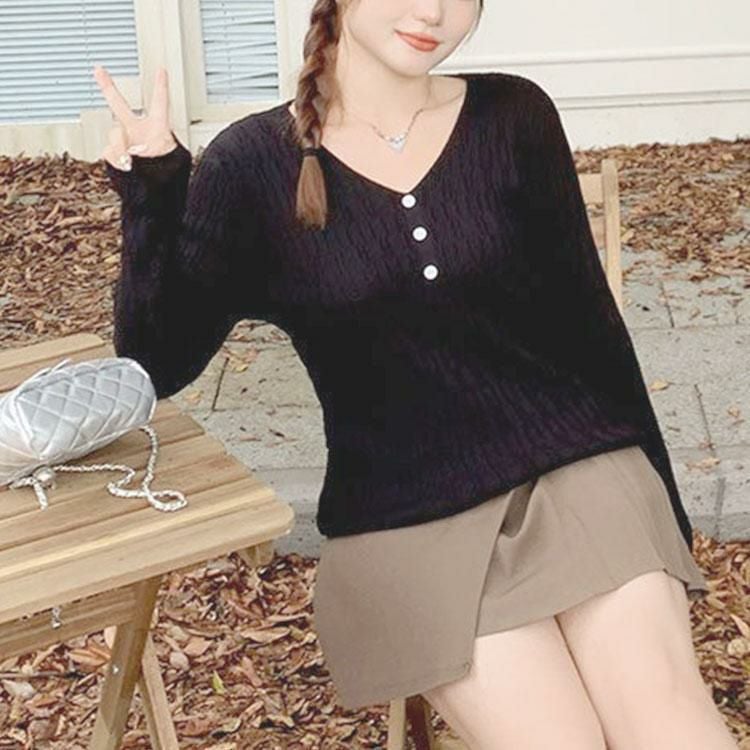 大きいサイズ レディース Vネック模様編みニットプルオーバー　goldy-1755 ブラック