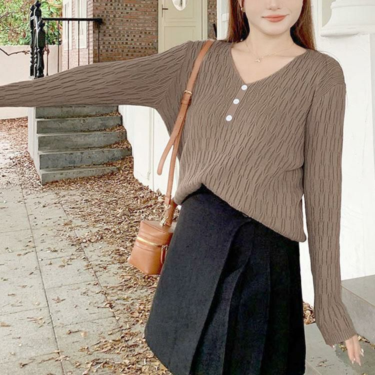 大きいサイズ レディース Vネック模様編みニットプルオーバー　goldy-1755 ブラウン