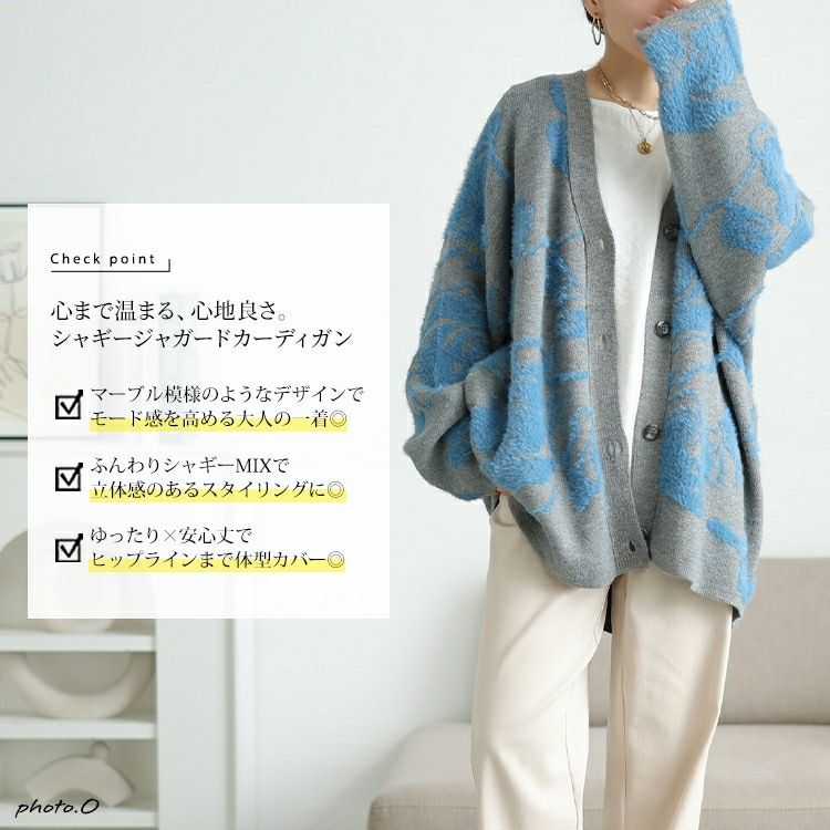 大きいサイズ レディース 配色シャギー花柄ニットカーディガン　sum-0021